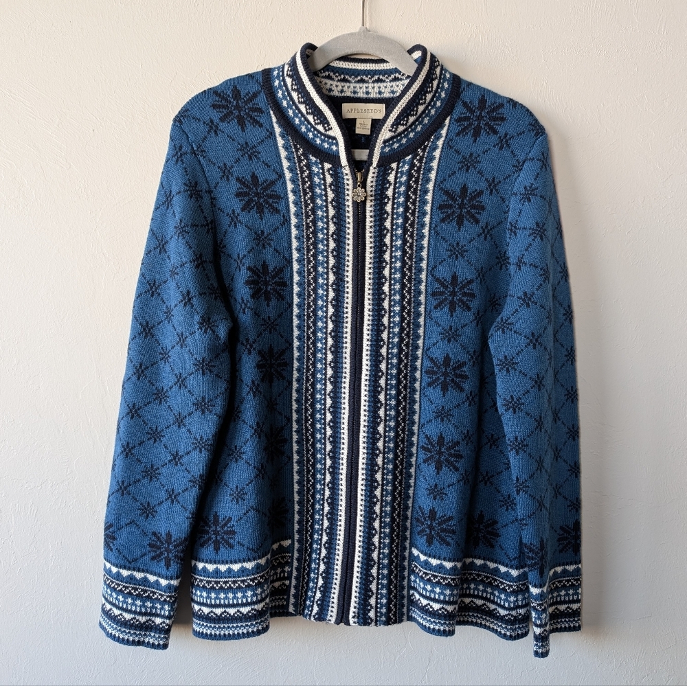 Appleseed’s Nordic Fair Isle Cardigan Sweater Large Blue Snowflake Knit Wool